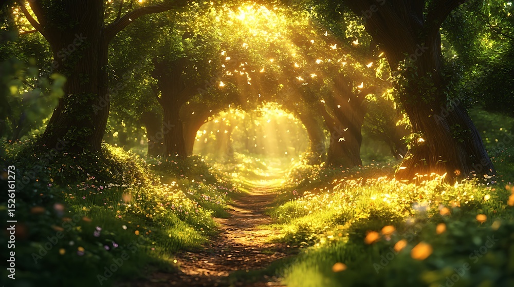 Poster enchanting forest path with sunlight filtering through the canopy creating a magical atmosphere