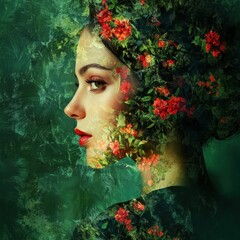 A woman with red flowers in her hair, wearing a green dress, against a green and red background with a green and red flower arrangement in the foreground.
