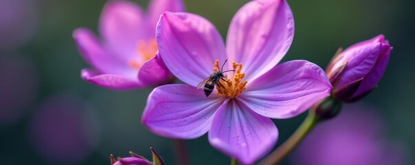 Delicate purple flower petals surround a small insect with intricate details , bug, macro