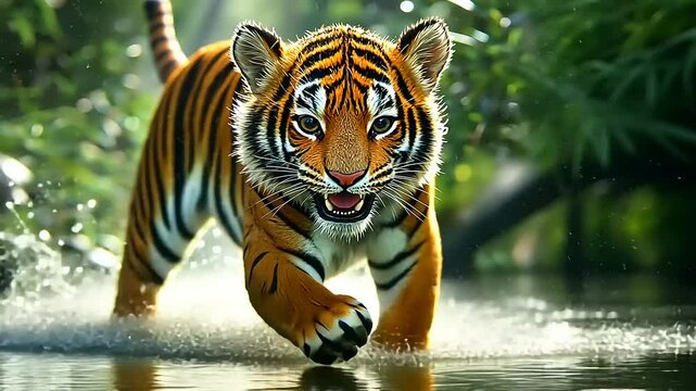 An adorable tiger cub leaps forward through water and lush green foliage with fierce determination.