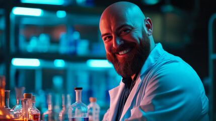 Scientist conducting research in a modern laboratory with a futuristic atmosphere at night