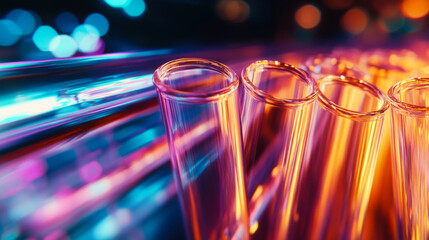 Colorful glass test tubes arranged in a dynamic and artistic manner capturing vibrant lighting effects