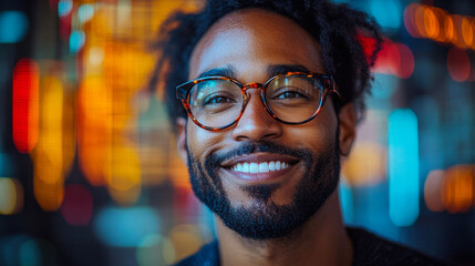 Young man grinning confidently in front of colorful financial data display during productive work session