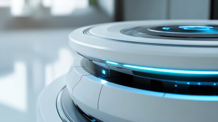 Futuristic technology display with glowing circular design elements in a modern interior setting