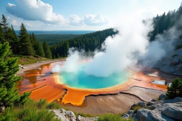 Geothermal steam rises from the ground amidst lush greenery and rocks, geothermal, forest, wildlife