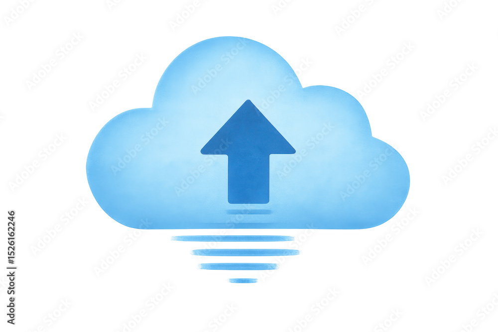 Poster uploading data to cloud storage, featuring a blue cloud with upward arrow and transparent background