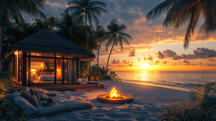 Warm sunset illuminates a tranquil beach with palm trees and a cozy fire pit on the shoreline