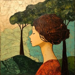 A woman with brown hair, wearing a red dress, standing in front of a forest with trees and a mountain in the background.