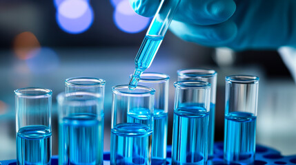 Experimental process in a laboratory with blue chemical solution and pipette during scientific research
