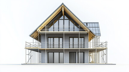 Modern steel frame house with sleek design and scaffolding