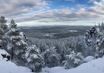 Winter forest landscape with snow-covered trees and rock formations under a cloudy sky