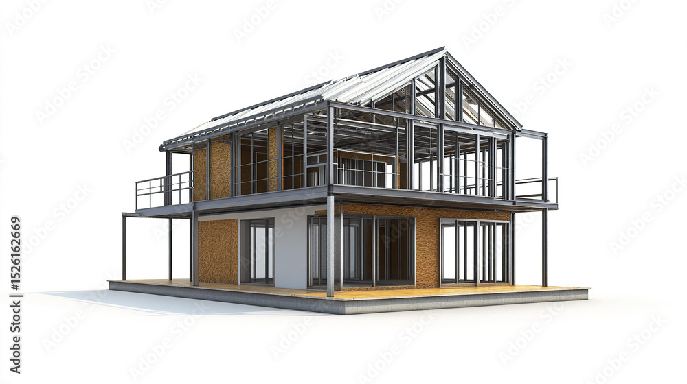 Poster modern steel frame house design with large windows and open spaces, showcasing innovative