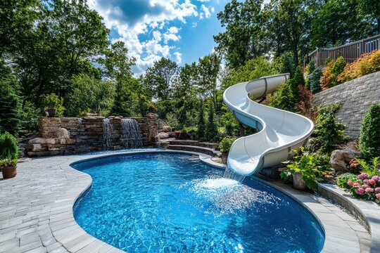 A backyard pool features a slide and rock waterfall on a summer day. Great for advertising home improvement or landscape design project.