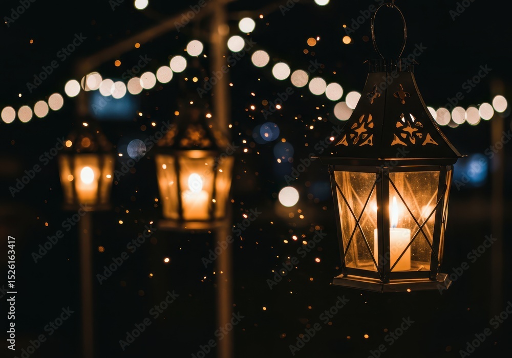 Aufkleber illuminated lanterns with string lights at night create a warm ambiance