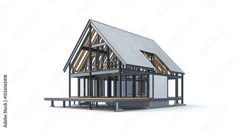Poster modern steel frame house design with lightweight structure and open spaces