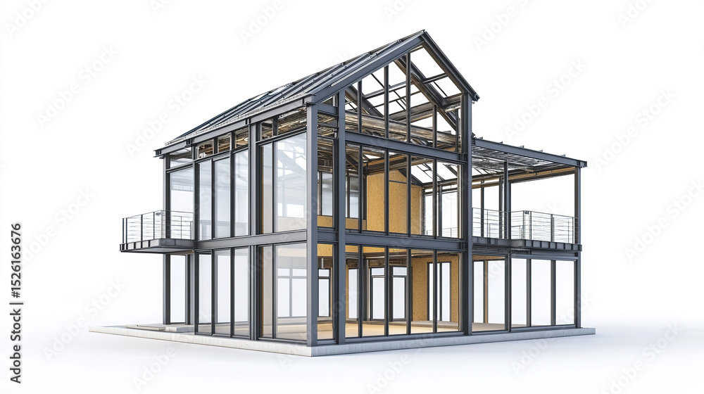Poster modern steel frame house design with large glass windows and open spaces