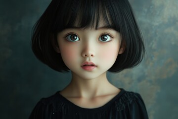 Fototapeta premium Captivating portrait of young girl with large expressive eyes, showcasing innocence and beauty in a serene indoor setting