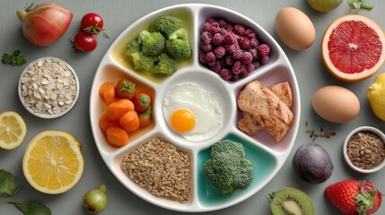 Healthy Balanced Diet Plate: Colorful Food Composition