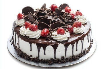 Indulgent chocolate cake adorned with fresh strawberries and whipped cream, perfect for celebrations and gatherings