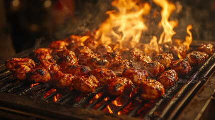 Chicken pieces on a grill with bright orange flames and smoke above it. Use this for barbecue, grilling, or food concepts with smoke and flames.