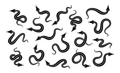 Snake silhouette. Isolated snake black silhouette set on white background. Wild Dangerous Animals. Symbol of 2025. Ink Vector illustration for design. 