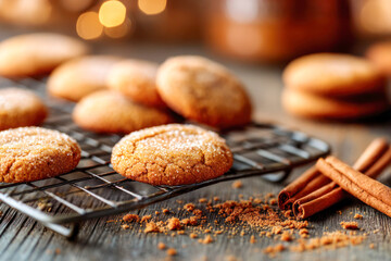 National Gingersnap Day. Freshly baked gingersnap cookies cooling on a wire rack with cinnamon sticks and a warm, inviting kitchen atmosphere for National Gingersnap Day
