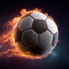 Naklejka premium A soccer ball with a black and white leather cover is surrounded by fire