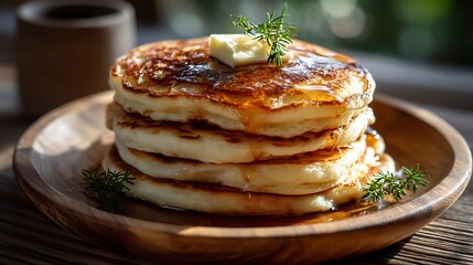Stack of Golden Pancakes Topped with Butter and Syrup on a Wooden Plate
