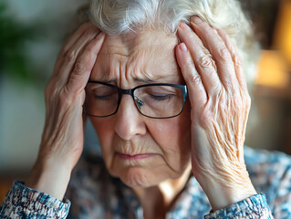 elderly woman holding head with high blood pressure symptoms realistic style