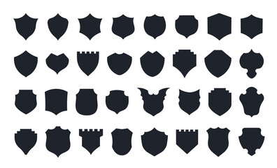Shield icon. Heraldic shield set. Protect security line icons. Badge quality symbol, sign, logo or emblem. Black knight award contours and linear signs. Shapes silhouette. Vector set.