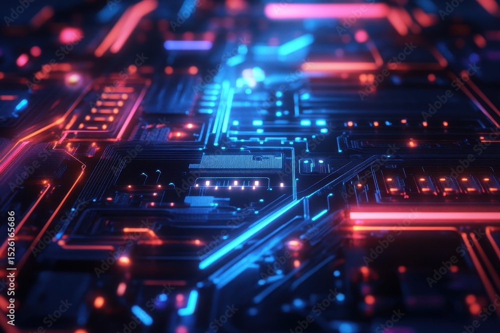 Poster exploring the intricate patterns of a glowing fractal circuit board design with vibrant blues and re