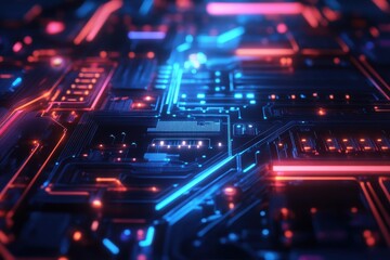 Obraz premium Exploring the intricate patterns of a glowing fractal circuit board design with vibrant blues and reds that illuminate electronic pathways and connections