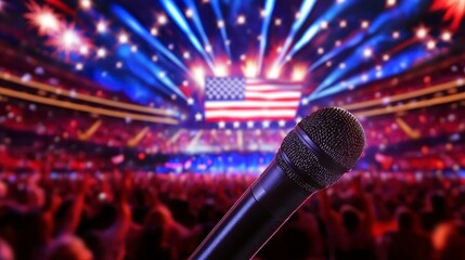 A lively Fourth of July celebration with fireworks American flags and a crowd cheering with plenty of space for above. A vibrant independence day festivity featuring pyrotechnics national
