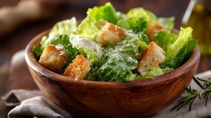 Fresh Caesar Salad in a Wooden Bowl