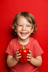 Adorable kid holding pepper vegetables and smiling over red studio background. Healthy relationship with food and child nutrition concept. Healthy baby food with vitamins and kids vegetarianism.