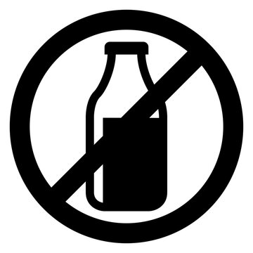 Logo lactosa free. Icono con s&iacute;mbolo prohibici&oacute;n con botella de leche. Bebida apta para personas intolerantes a la lactosa y al&eacute;rgicas.
