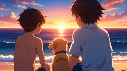 Two boys and dog sitting together watching sunset on beach in anime style. Friendship concept
