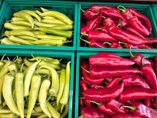 Red and green hot chili peppers on display at a farmers market.