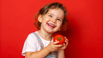 Adorable kid holding tomato vegetable and smiling over red studio background. Healthy relationship with food and child nutrition concept. Healthy baby food with vitamins and kids vegetarianism.