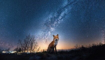 Cute Fox Frolicking Beneath a Starlit Sky, Playful and Enchanting, Showcasing Whimsical Beauty and Nocturnal Charm Amidst the Cosmos, Capturing the Mystery of Natures Nighttime Wonders.
