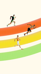 Conceptual art collage. Group of athletes sprinting on multicolored 3D gradient tracks, running to finish against light background. Concept of sport, athletic championship, tournament, action