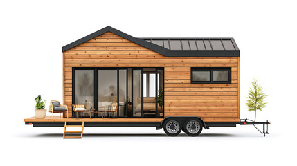a wooden house with a trailer