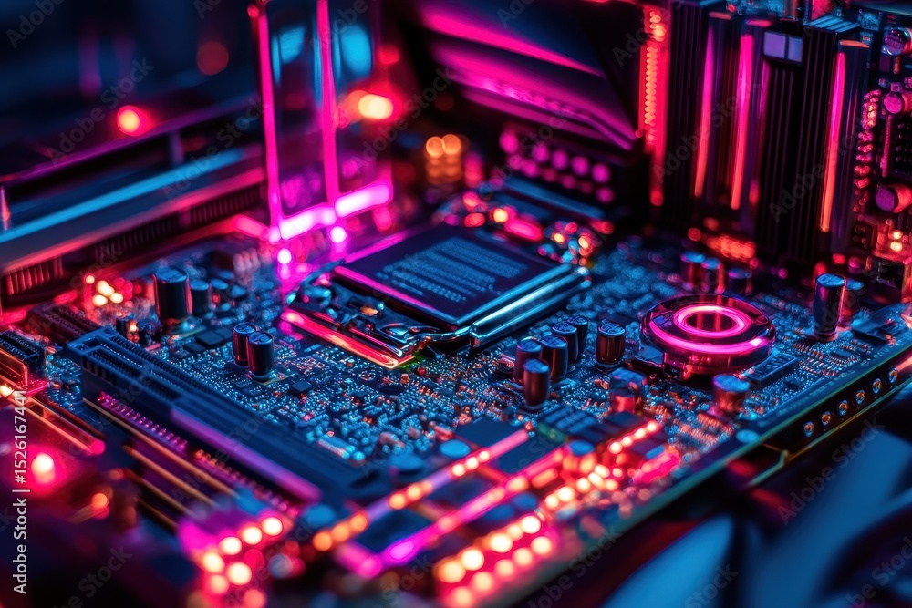 Poster futuristic computer mod showcasing a vibrant motherboard with glowing components in a darkened room 