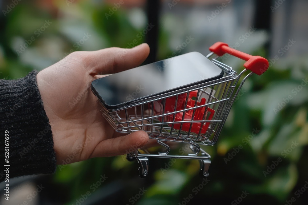 Poster businessman using smartphone to browse online shopping options while holding a miniature shopping ca