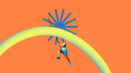Abstract sport design. Male pole vaulter leaping in air over yellow-blue gradient 3D shape against...
