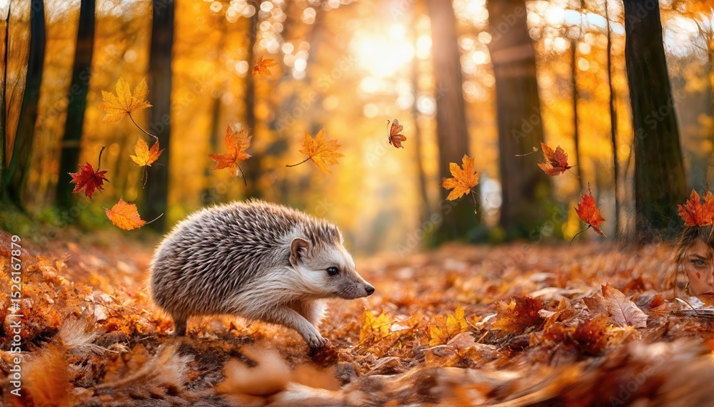 Poster freedom the hedgehog explores an exuberant autumn forest scene a dynamic display of changing colors,