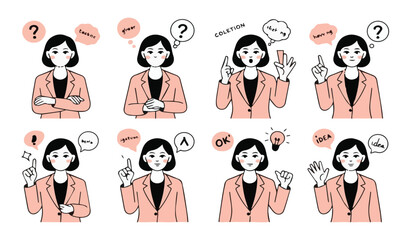 Businesswoman Line Art Set: Diverse Expressions, Ideas & Gestures for Modern Communication & UI/UX Design

