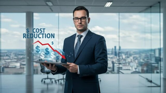 Man in suit holding tablet with cost reduction graphic in modern office with city view behind him