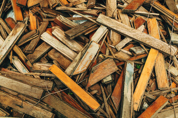 Used obsolete worn parquet flooring wood after home renovation