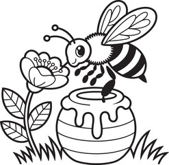 Adorable Bee and Daisy Illustration – Printable Black and White Art 